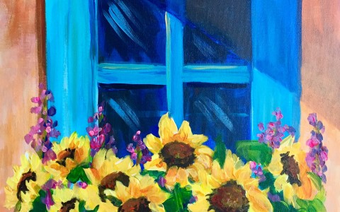 Painting of blue window with sunflowers